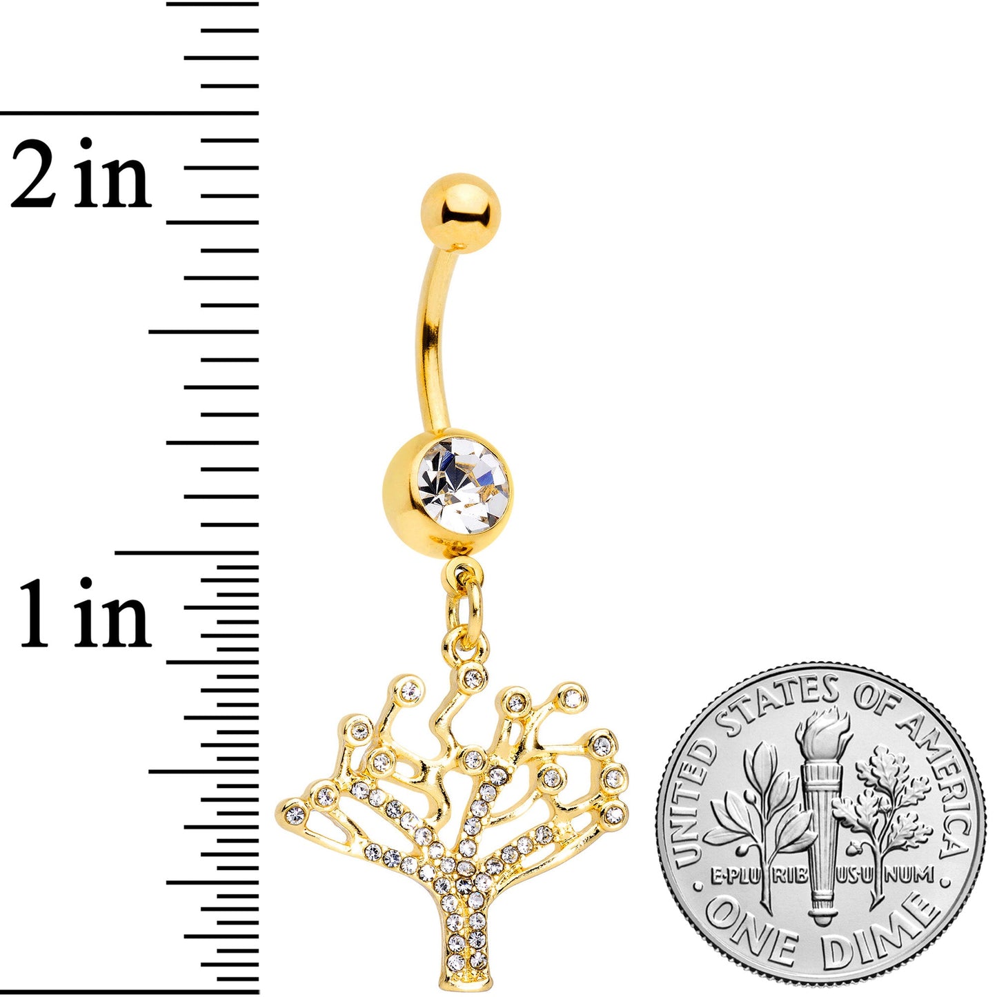 Clear CZ Gem Gold Tone Angular Tree of Life Dangle Belly Ring