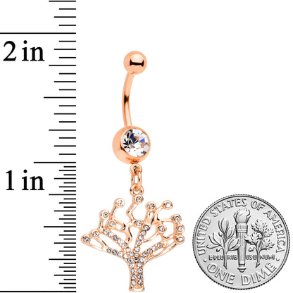 Clear CZ Gem Rose Gold Tone Angular Tree of Life Dangle Belly Ring