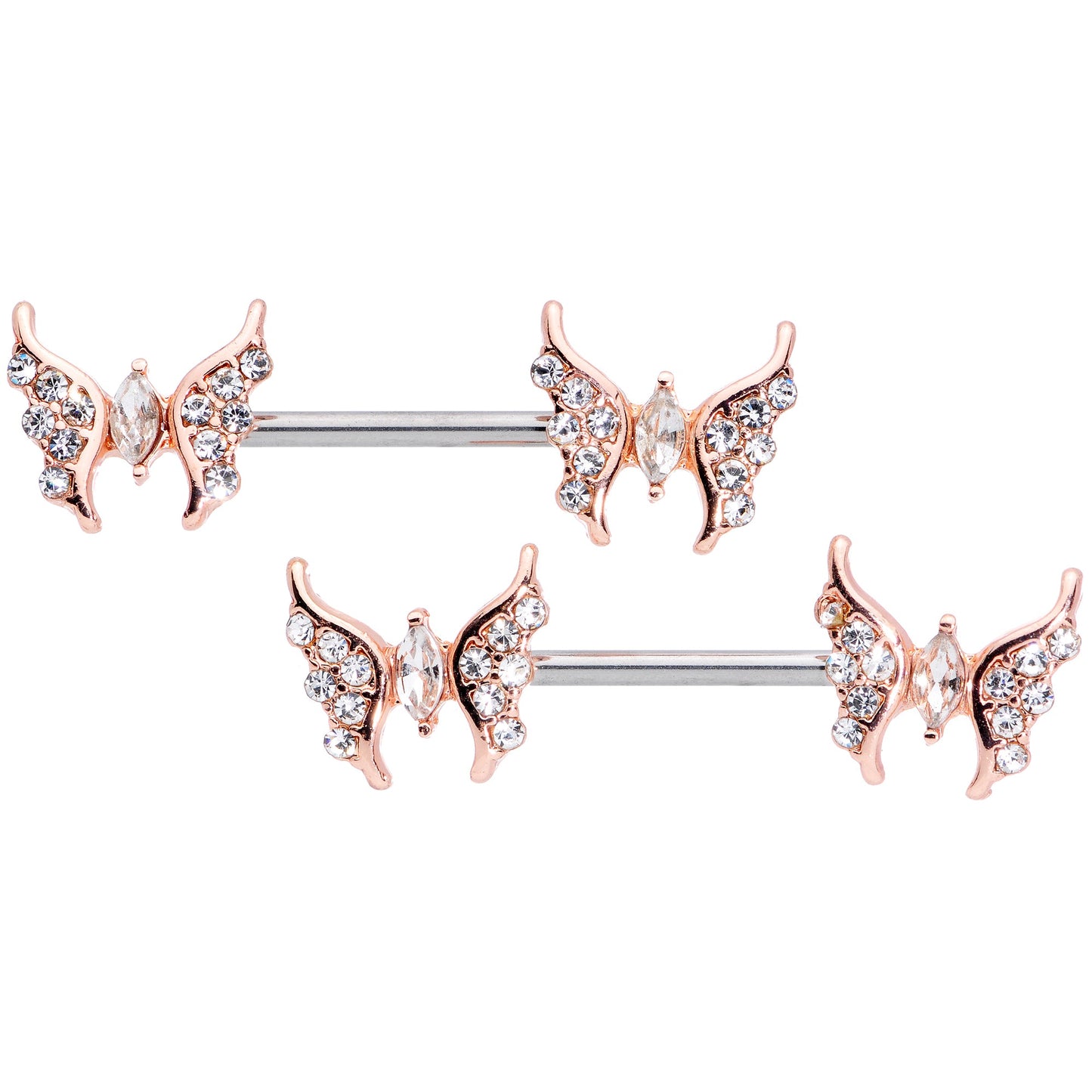 14G Clear CZ Gem Rose Gold Hue Drama Butterfly Barbell Nipple Ring Set