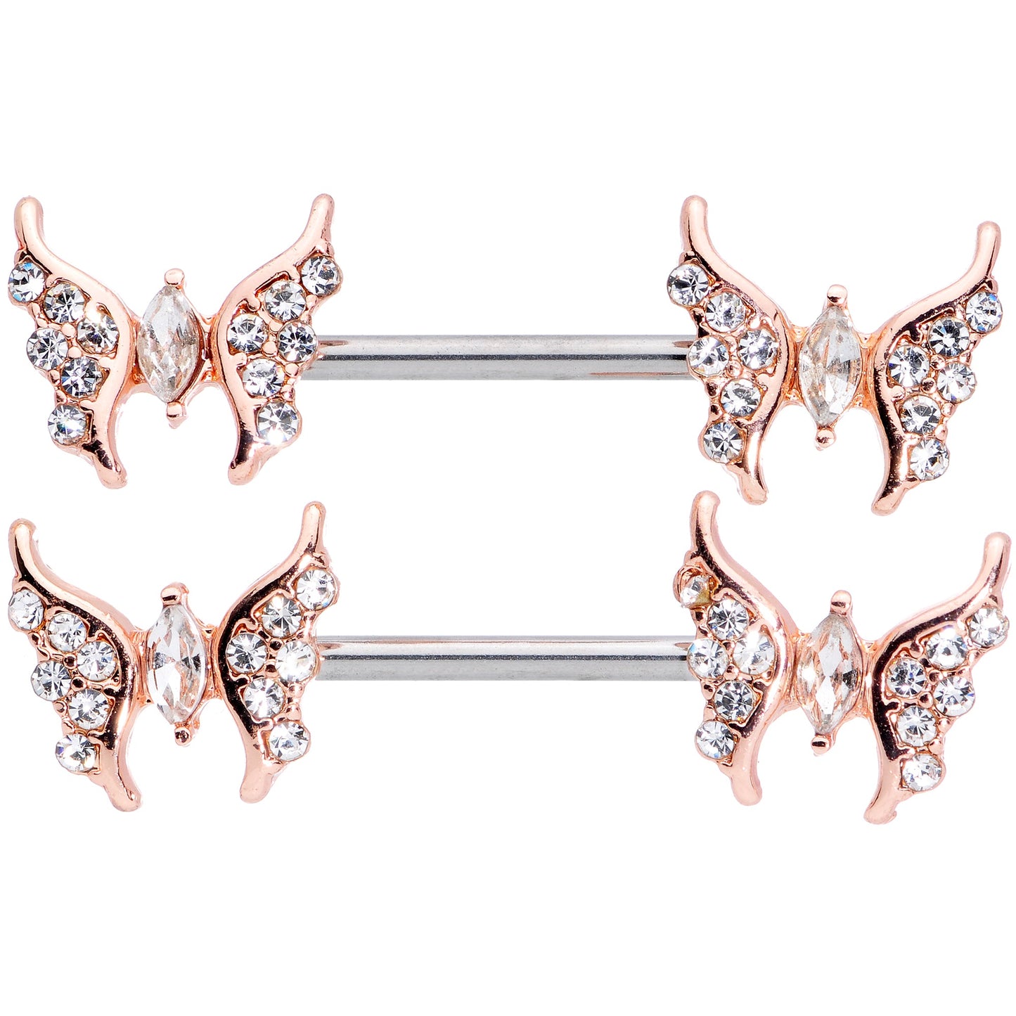 14G Clear CZ Gem Rose Gold Hue Drama Butterfly Barbell Nipple Ring Set