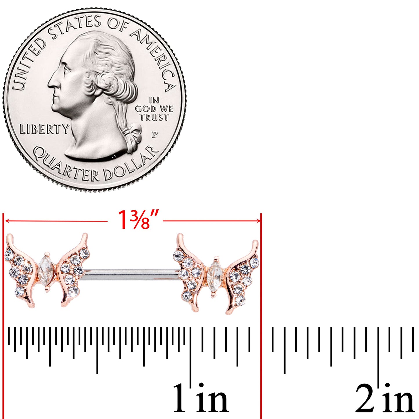 14G Clear CZ Gem Rose Gold Hue Drama Butterfly Barbell Nipple Ring Set