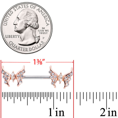 14G Clear CZ Gem Rose Gold Hue Drama Butterfly Barbell Nipple Ring Set