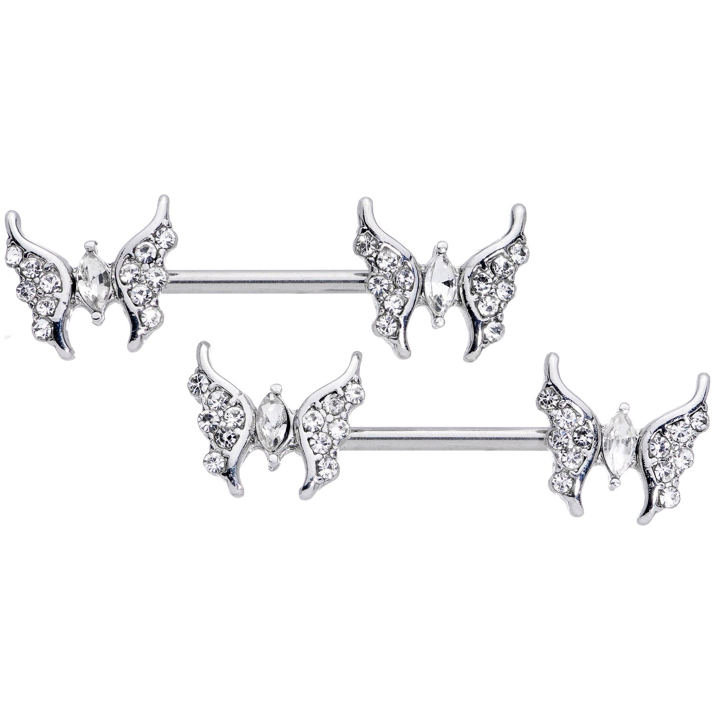 14G 9/16 Clear CZ Gem Drama Butterfly Barbell Nipple Ring Set