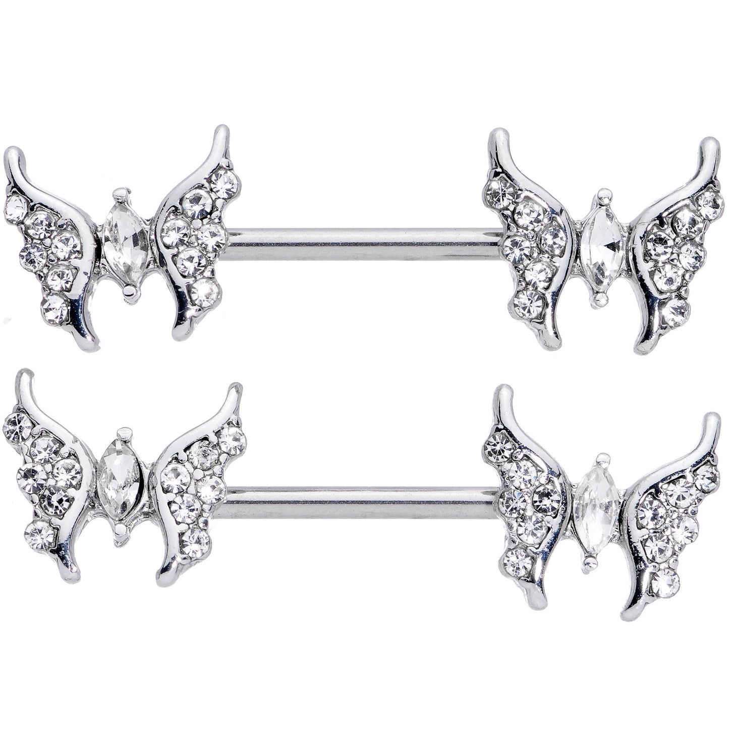14G 9/16 Clear CZ Gem Drama Butterfly Barbell Nipple Ring Set