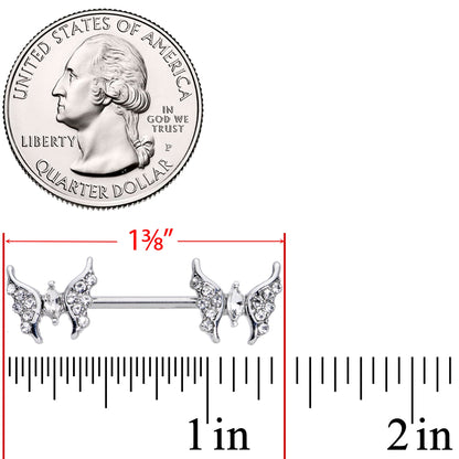 14G 9/16 Clear CZ Gem Drama Butterfly Barbell Nipple Ring Set