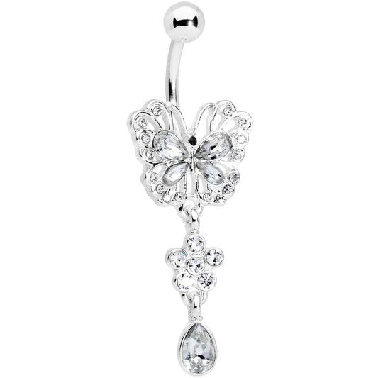 Clear Gem Lacy Butterfly Flower Drop Dangle Belly Ring