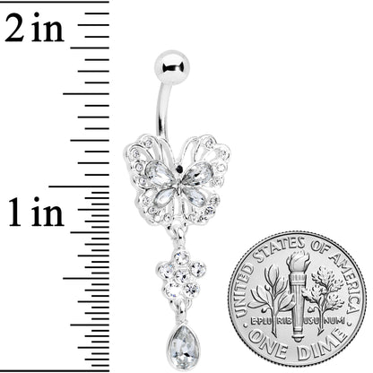 Clear Gem Lacy Butterfly Flower Drop Dangle Belly Ring