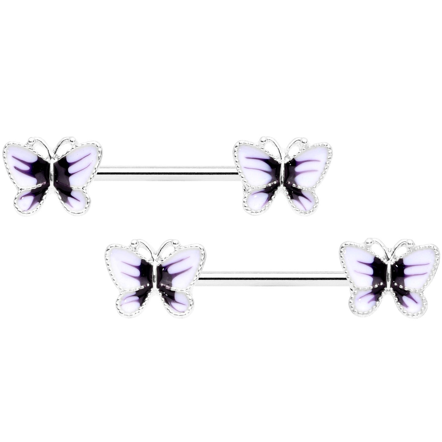 14G 9/16 White Purple Butterfly Barbell Nipple Set