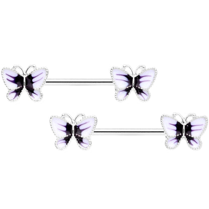 14G 9/16 White Purple Butterfly Barbell Nipple Set