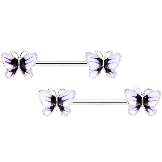 14G 9/16 White Purple Butterfly Barbell Nipple Set