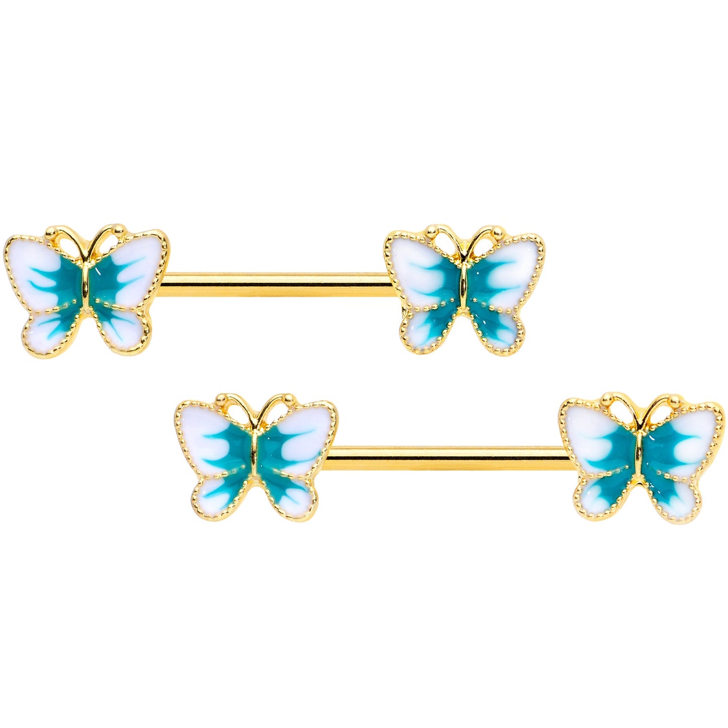 14G 9/16 Gold Tone White Green Butterfly Barbell Nipple Set