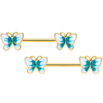 14G 9/16 Gold Tone White Green Butterfly Barbell Nipple Set