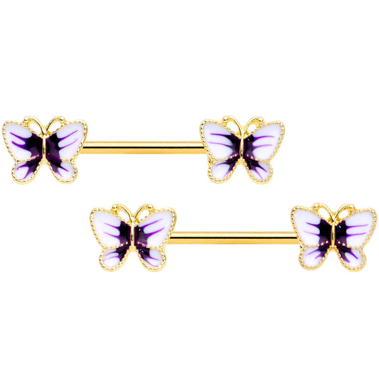 14G 9/16 Gold Tone White Purple Butterfly Barbell Nipple Set