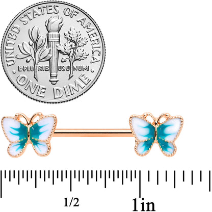 14G 9/16 Rose Gold Tone White Green Butterfly Barbell Nipple Set