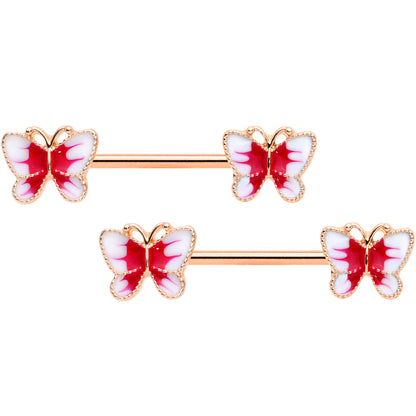 14G 9/16 Rose Gold Tone White Red Butterfly Barbell Nipple Set