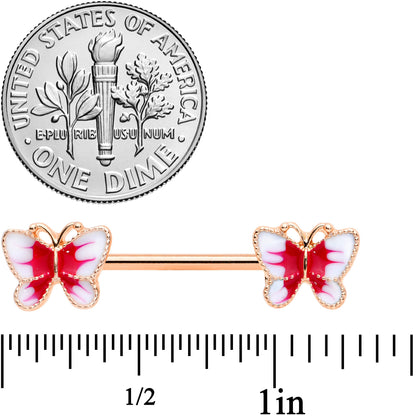 14G 9/16 Rose Gold Tone White Red Butterfly Barbell Nipple Set