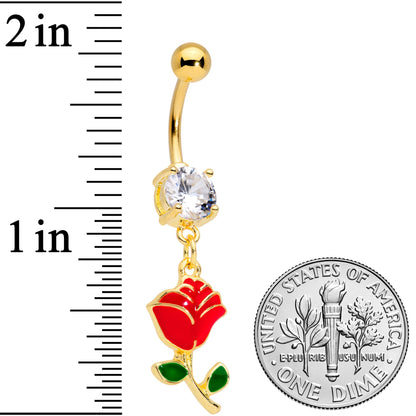 Clear Gem Gold Tone Valentines Day Red Rose Dangle Belly Ring