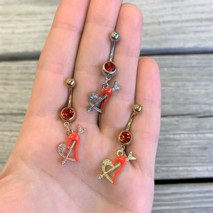 Clear Red Gem Rose Gold Tone Valentine Heart Dangle Belly Ring
