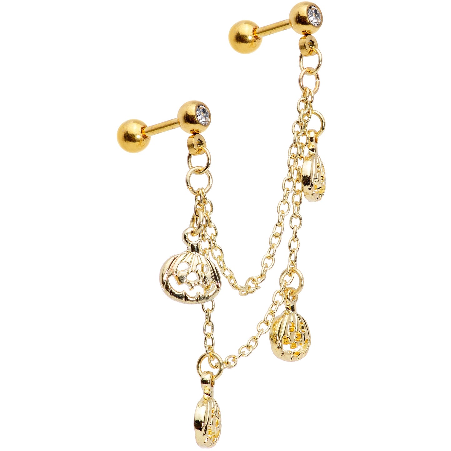 16G 1/4 Clear Gem Gold Tone Pumpkin Cartilage Chain Earring