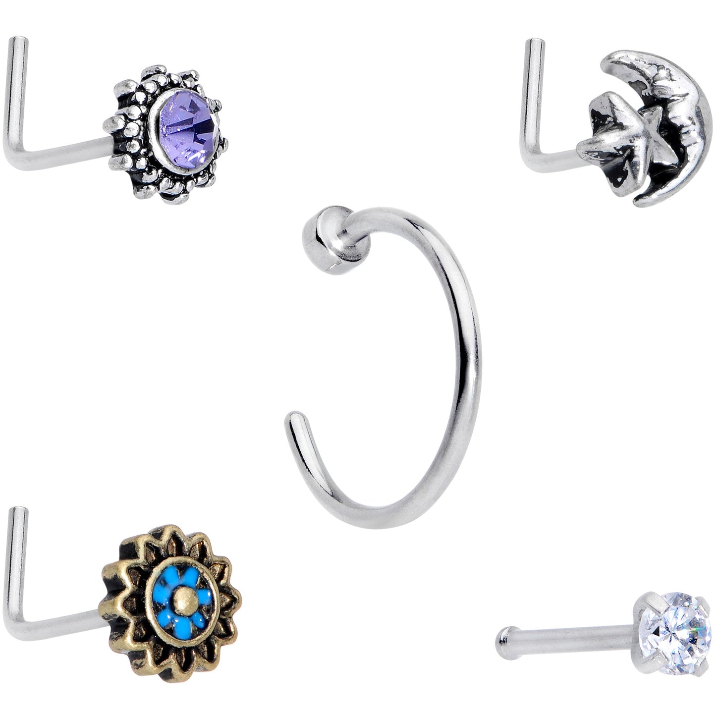 20G Clear CZ Gem Sun Moon Assorted L Shaped Nose Ring Set of 6