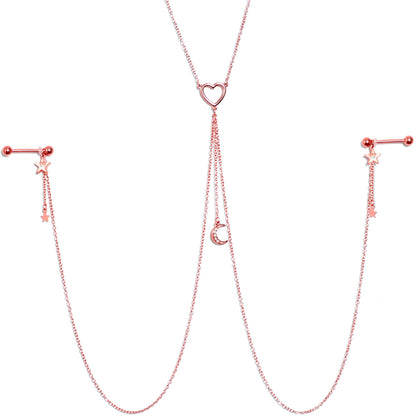 14G 5/8 Aurora Gem Rose Gold Hue Star Moon Nipple Chain Necklace