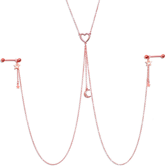14G 5/8 Aurora Gem Rose Gold Hue Star Moon Nipple Chain Necklace