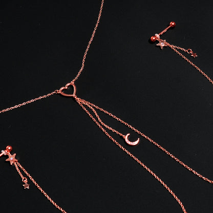 14G 5/8 Aurora Gem Rose Gold Hue Star Moon Nipple Chain Necklace