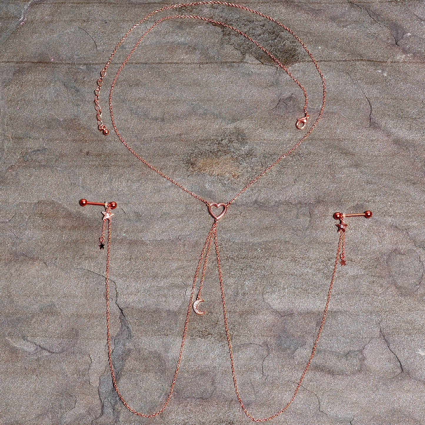 14G 5/8 Aurora Gem Rose Gold Hue Star Moon Nipple Chain Necklace