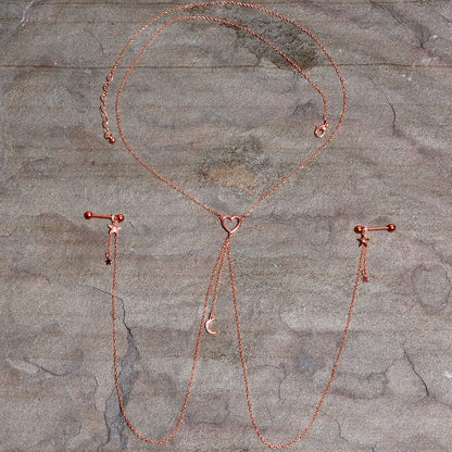 14G 5/8 Aurora Gem Rose Gold Hue Star Moon Nipple Chain Necklace