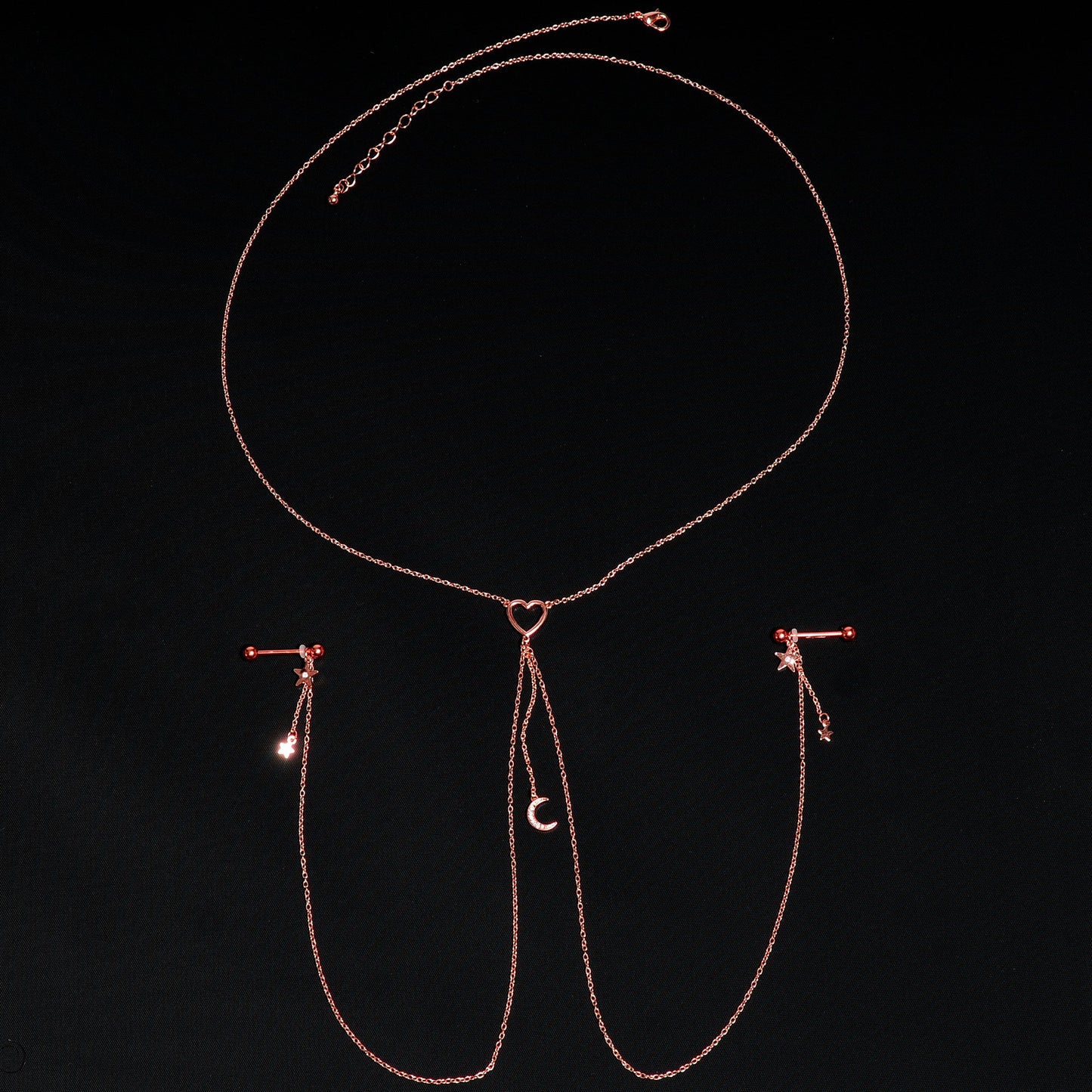 14G 5/8 Aurora Gem Rose Gold Hue Star Moon Nipple Chain Necklace