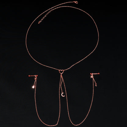 14G 5/8 Aurora Gem Rose Gold Hue Star Moon Nipple Chain Necklace