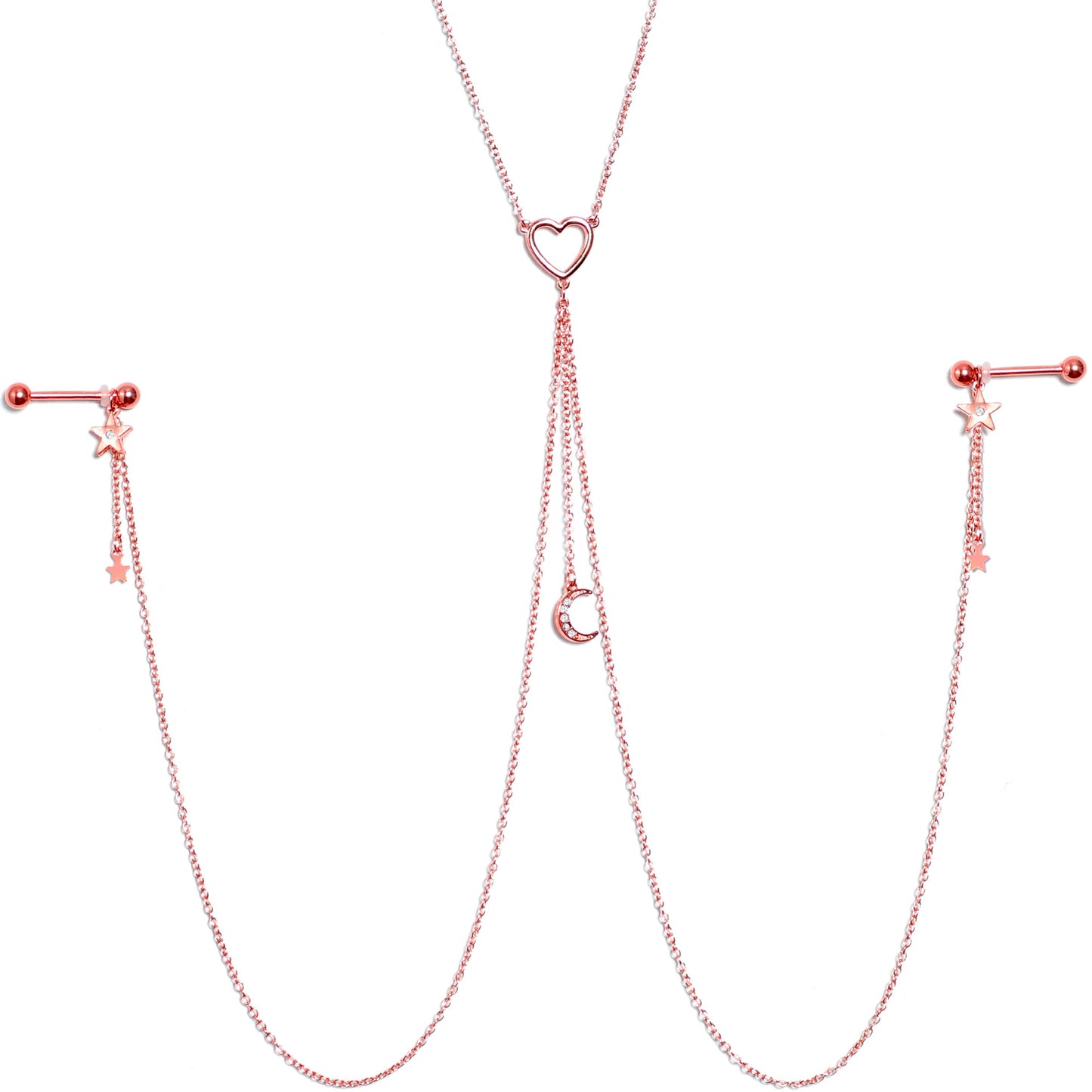 14G 5/8 Clear Gem Rose Gold Hue Star Moon Nipple Chain Necklace