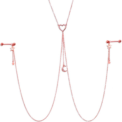 14G 5/8 Clear Gem Rose Gold Hue Star Moon Nipple Chain Necklace