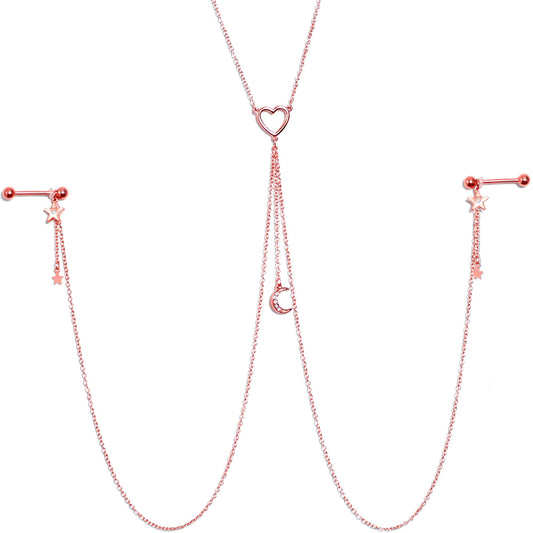 14G 5/8 Clear Gem Rose Gold Hue Star Moon Nipple Chain Necklace