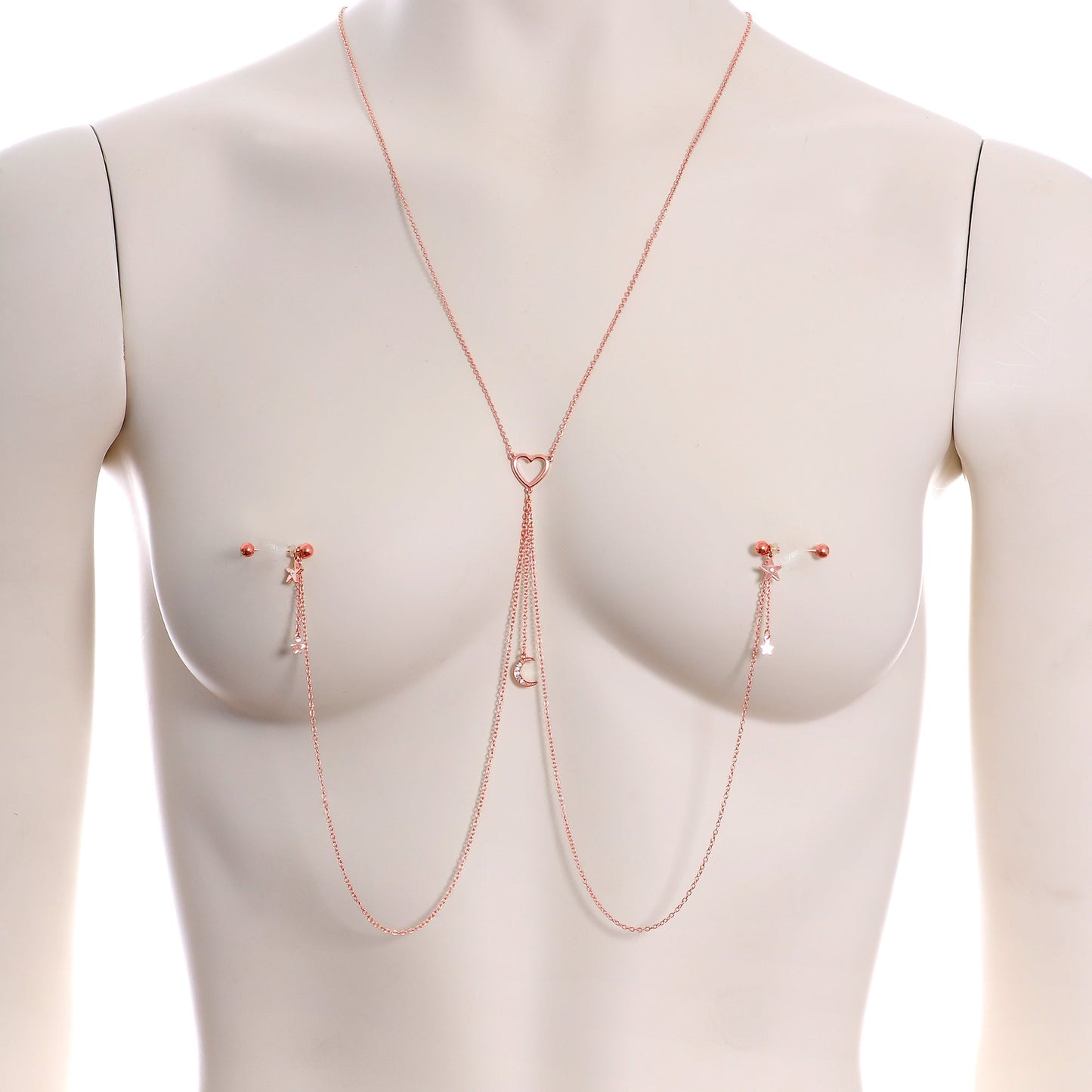 14G 5/8 Clear Gem Rose Gold Hue Star Moon Nipple Chain Necklace