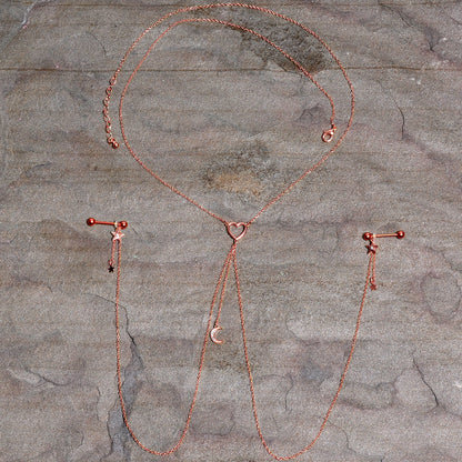 14G 5/8 Clear Gem Rose Gold Hue Star Moon Nipple Chain Necklace