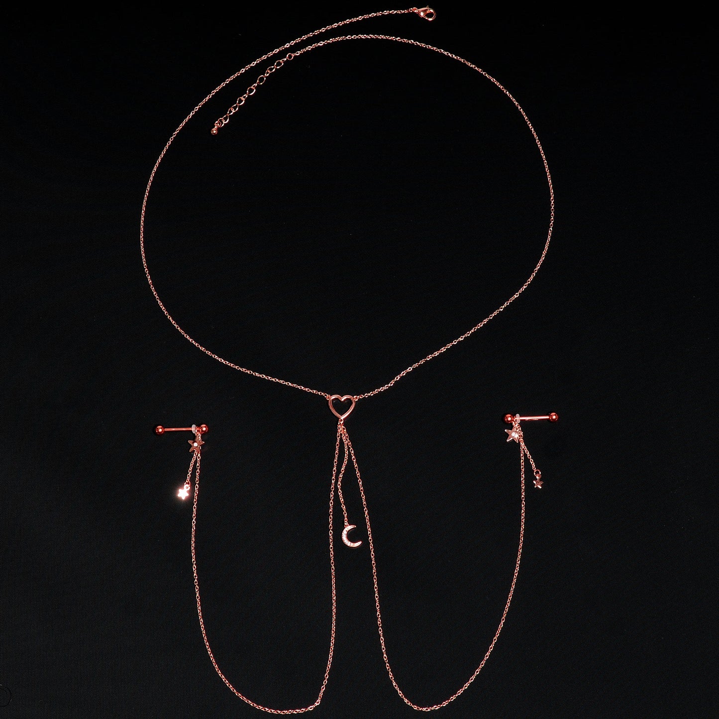 14G 5/8 Clear Gem Rose Gold Hue Star Moon Nipple Chain Necklace