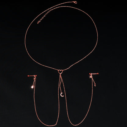 14G 5/8 Clear Gem Rose Gold Hue Star Moon Nipple Chain Necklace