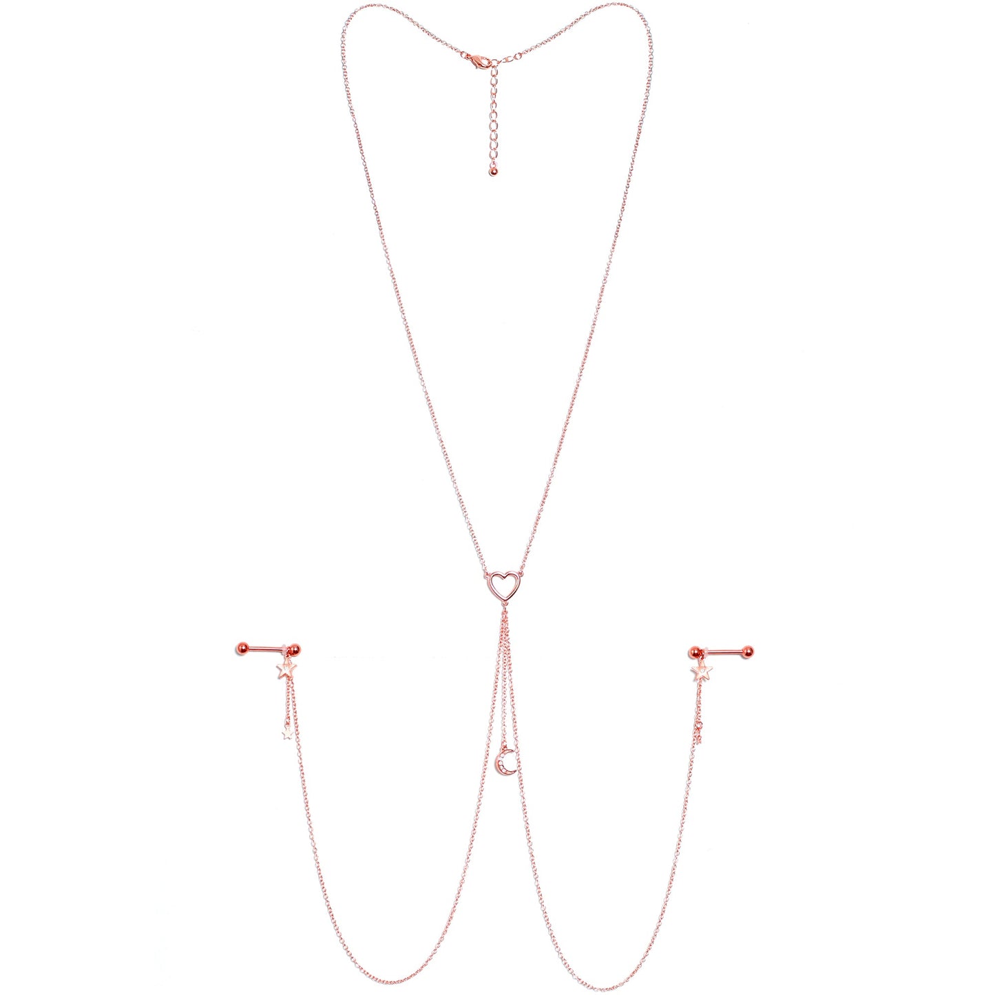 14G 5/8 Clear Gem Rose Gold Hue Star Moon Nipple Chain Necklace