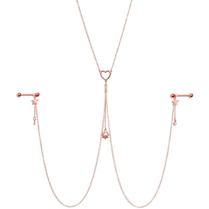 14G 5/8 Clear Gem Rose Gold Hue Star Sun Nipple Chain Necklace