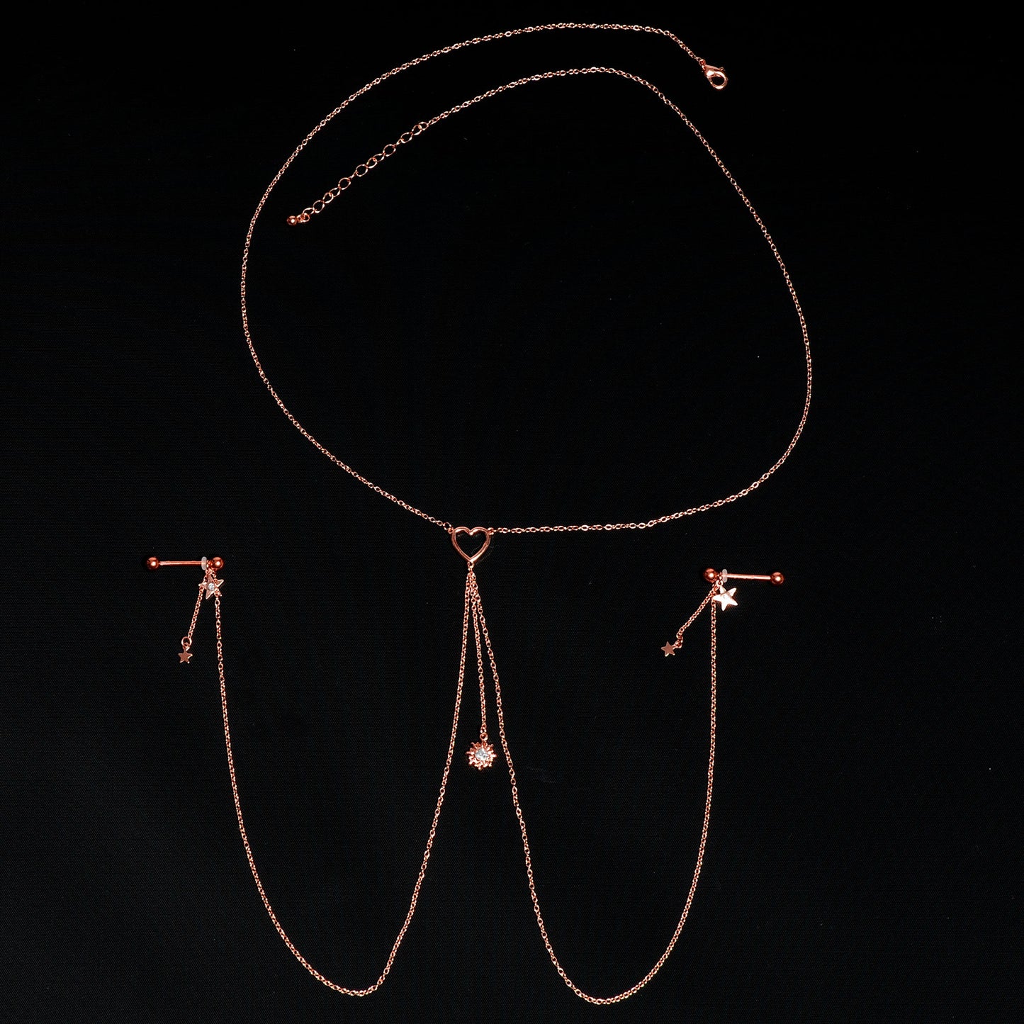 14G 5/8 Clear Gem Rose Gold Hue Star Sun Nipple Chain Necklace