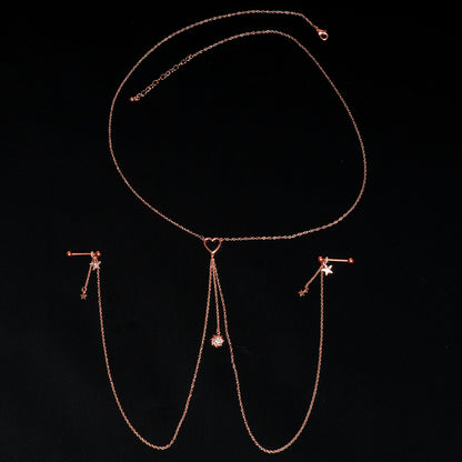 14G 5/8 Clear Gem Rose Gold Hue Star Sun Nipple Chain Necklace