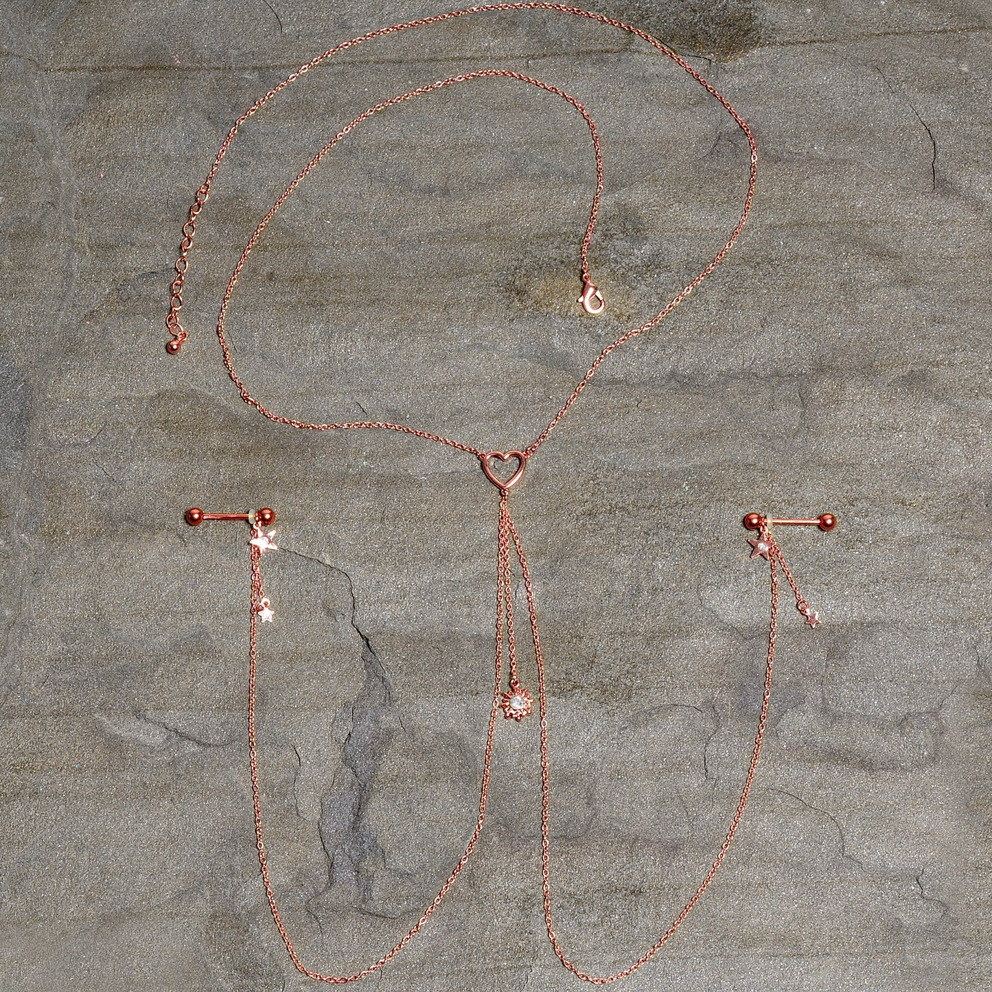 14G 5/8 Clear Gem Rose Gold Hue Star Sun Nipple Chain Necklace