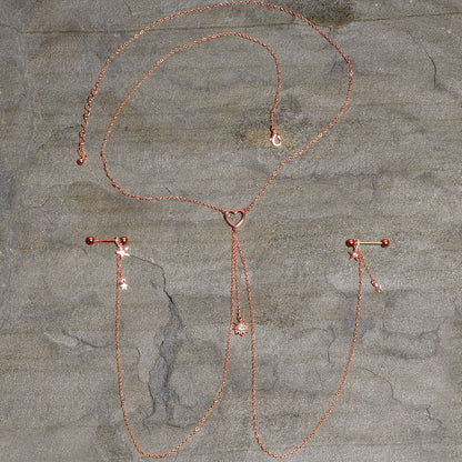 14G 5/8 Clear Gem Rose Gold Hue Star Sun Nipple Chain Necklace