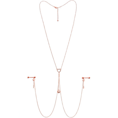 14G 5/8 Clear Gem Rose Gold Hue Star Sun Nipple Chain Necklace