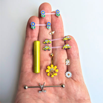 14G 9/16 Clear Bioplast Retro Hippie Car Barbell Nipple Ring Set