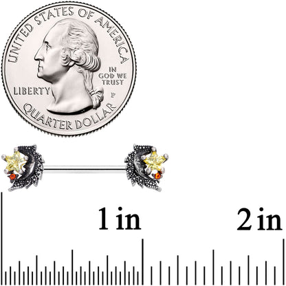 14G 9/16 Red Yellow Gem Shooting Star Barbell Nipple Ring Set