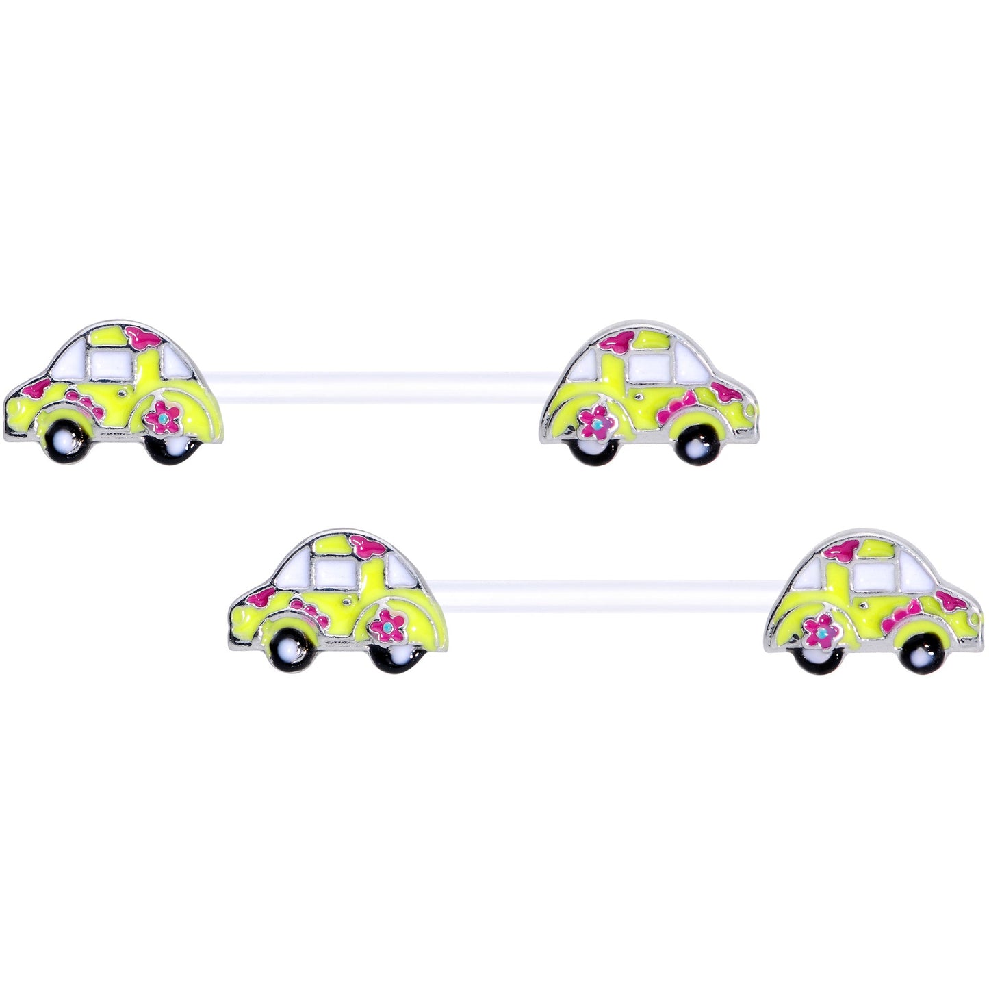 14G 9/16 Clear Bioplast Retro Hippie Car Barbell Nipple Ring Set