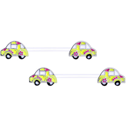 14G 9/16 Clear Bioplast Retro Hippie Car Barbell Nipple Ring Set