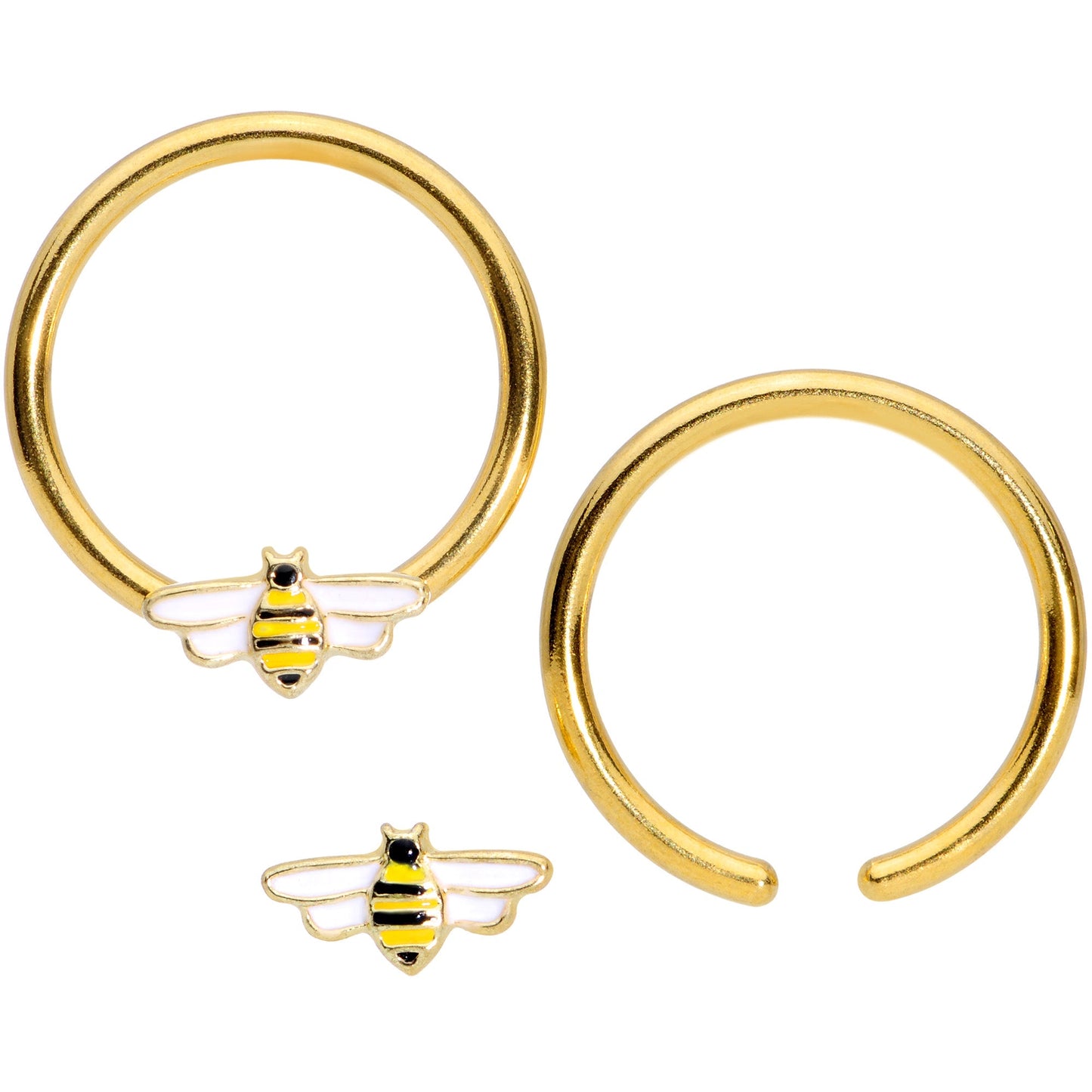 14G 9/16 Gold Tone Black White Bee BCR Captive Nipple Ring Set